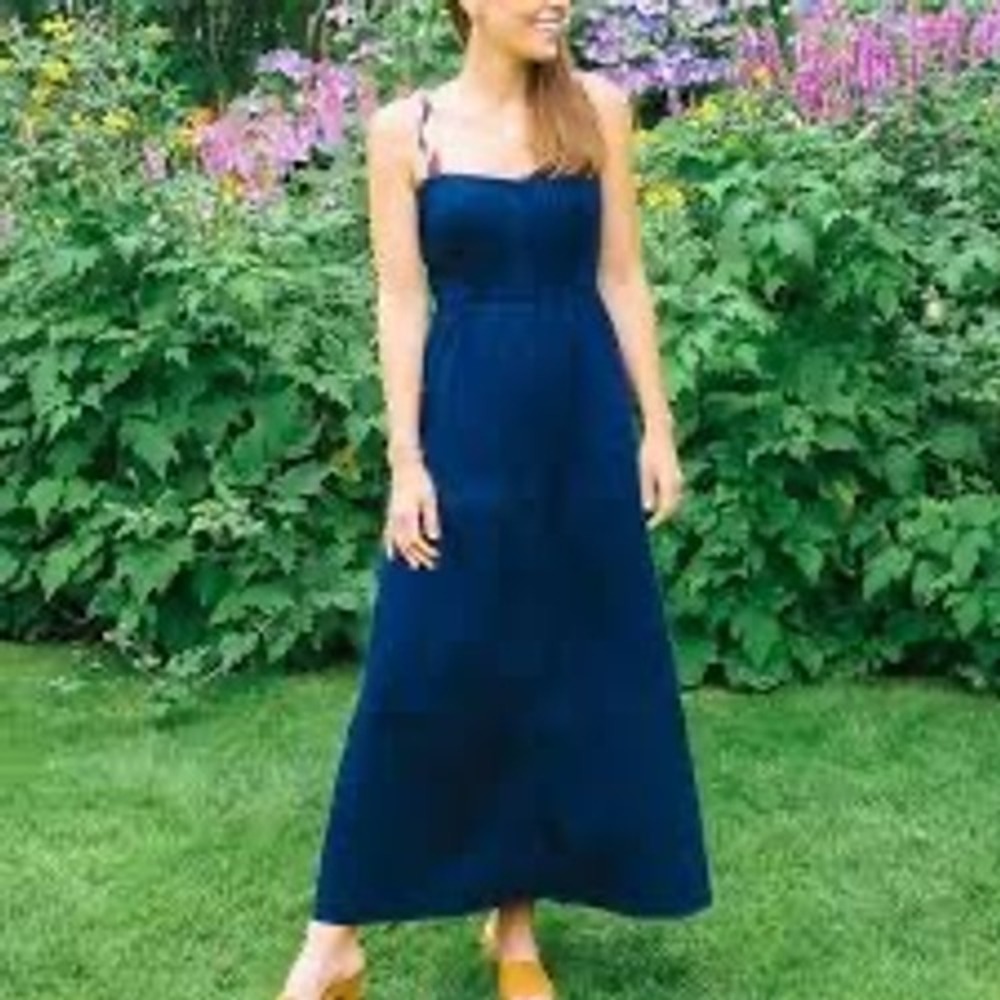 Tuckernuck Navy Blue Braided Strap Button Front Smocked Maxi Dress Womens Small‎